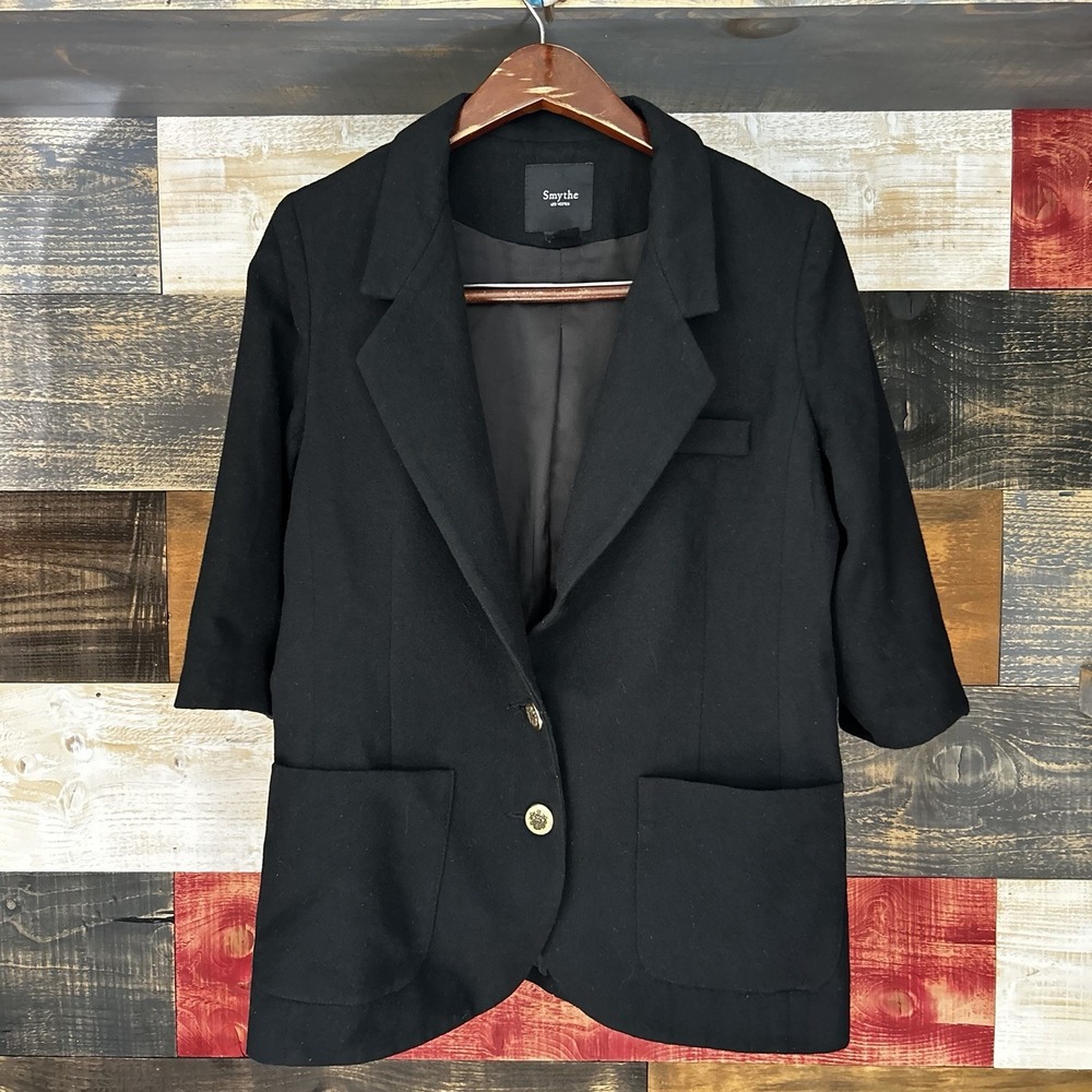Smythe Short Sleeve Seamed Blazer Wool Gold Buttons Size 8 Black